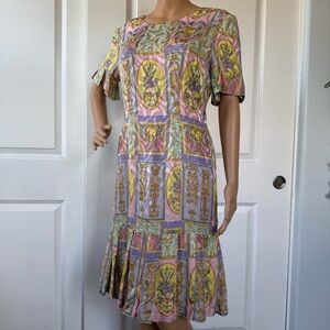 VINTAGE high end LUXURY scarf print custom made lined dress M